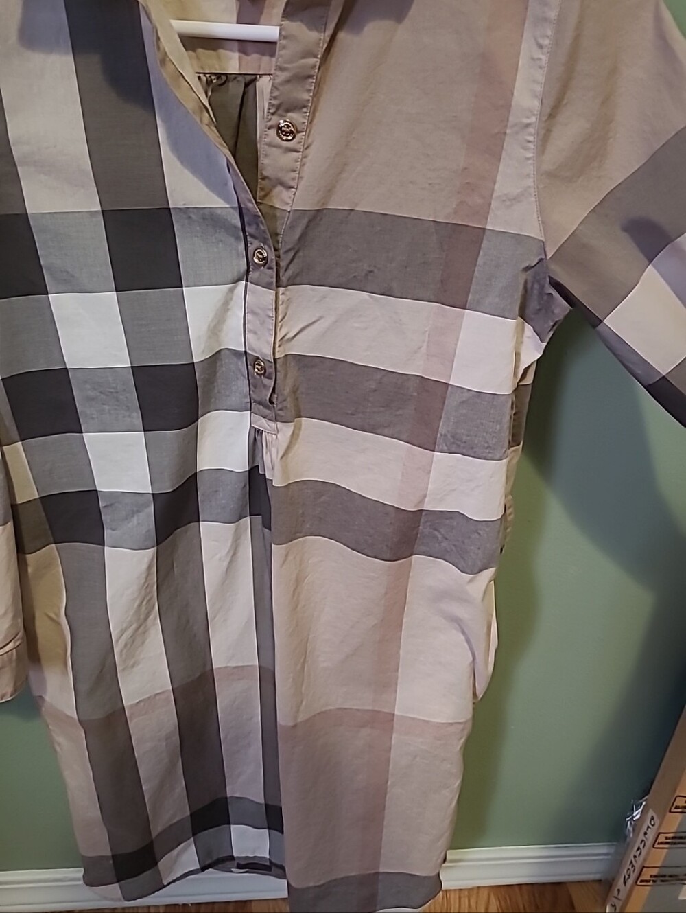 Burberry Checkered Beige Cotton Shirt Dress No Belt Size 2 - Picture 9 of 16
